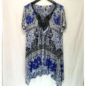 Live and Let Live Tunic Top 2X Blue Black Paisley Boho Sharkbite Hem Beaded